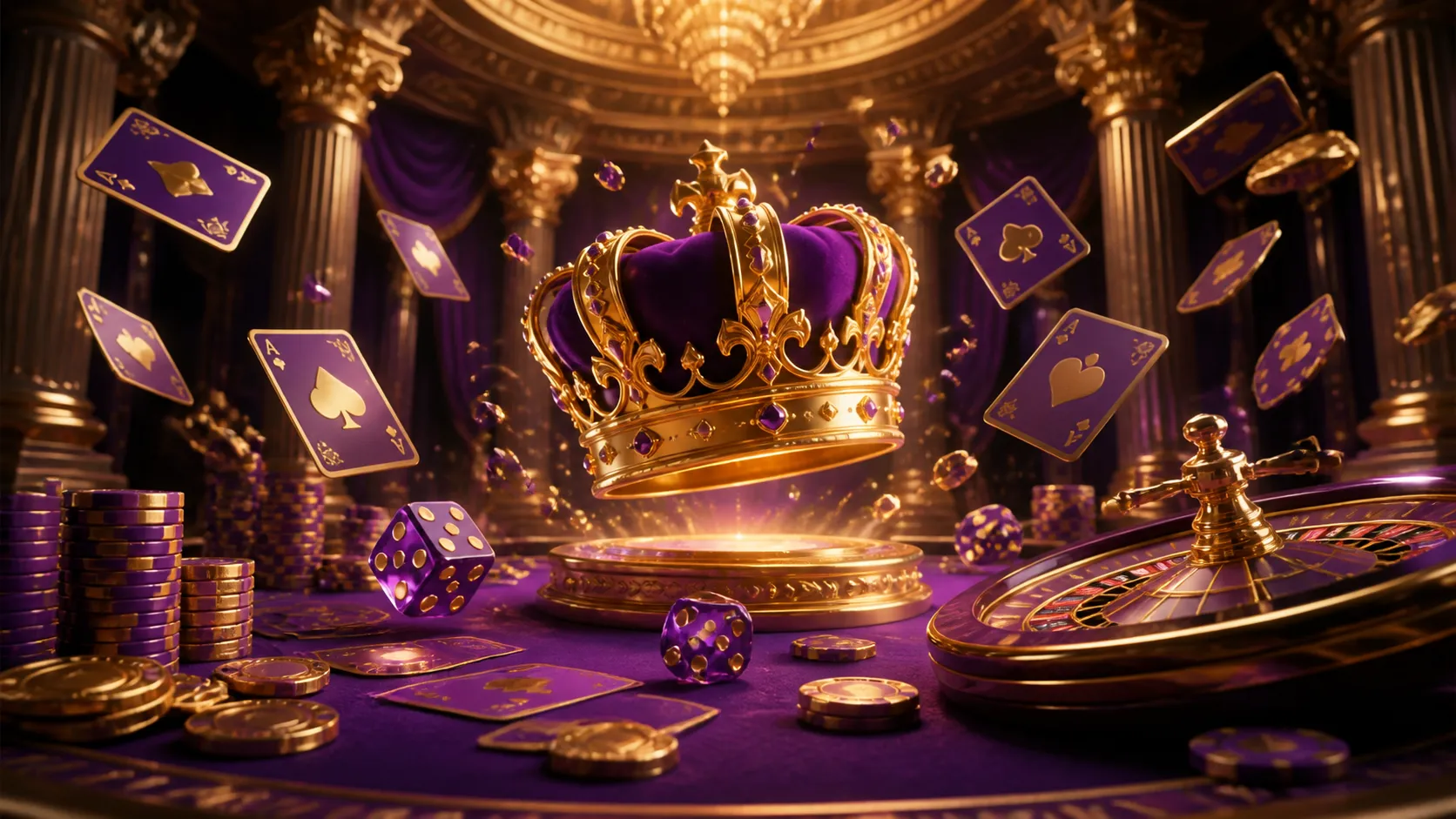 Luxury casino hero banner for Kingia featuring vibrant neon poker chips and playing cards in motion.
